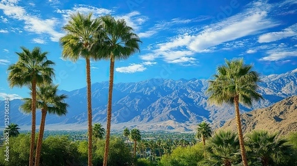 Fototapeta Palm Springs, Coachella Valley, California: palm trees with a view of the desert mountains 