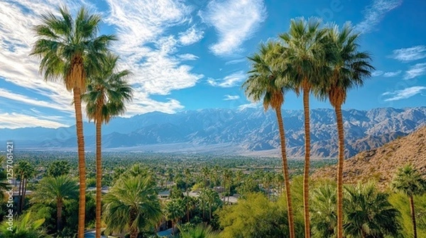 Fototapeta Palm Springs, Coachella Valley, California: palm trees with a view of the desert mountains 