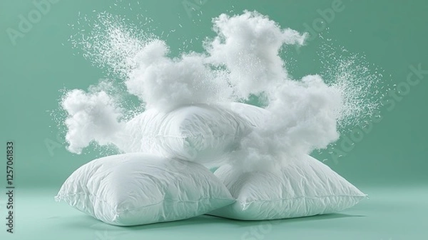 Fototapeta Soft white pillows exploding with fluffy filling against a mint green background, creating a playful scene