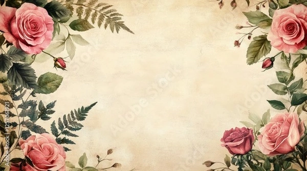 Fototapeta Vintage floral background with pink roses and ferns framing a blank space for text