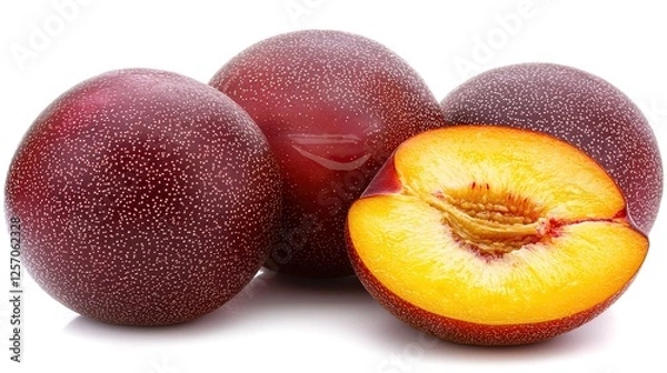 Fototapeta Fresh plums displayed with one cut open, showcasing vibrant yellow flesh, on a white background