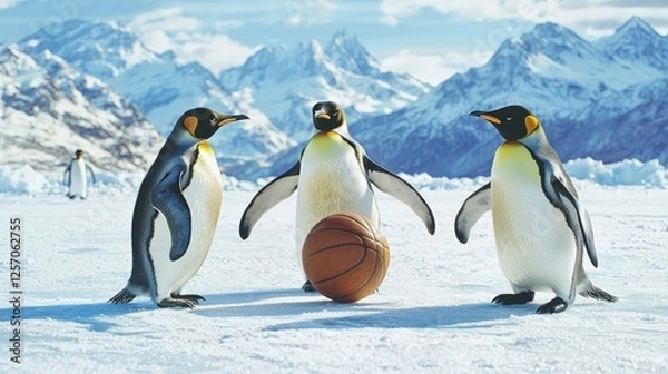 Fototapeta Three penguins playing basketball on a snowy landscape with mountains in the background
