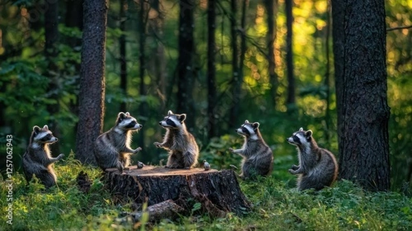 Fototapeta Playful raccoons gathered around a tree stump in a lush forest during golden hour