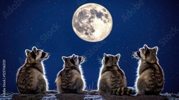 Fototapeta Four raccoons gaze at a full moon in a starry night sky, creating a serene and whimsical scene