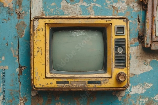 Fototapeta Vintage yellow television set mounted on a weathered blue wall, showcasing urban decay and nostalgia