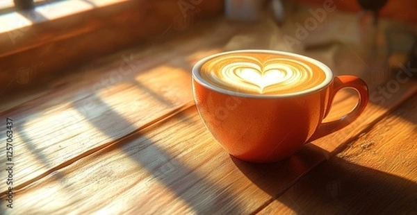 Fototapeta Warm cup of latte art on a wooden table with sunlight streaming through a window