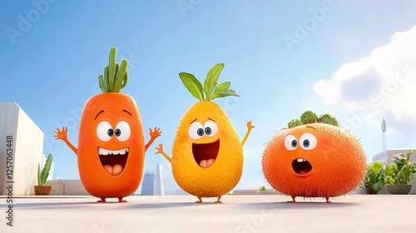 Fototapeta Three animated fruits with cheerful expressions enjoying a sunny day on a rooftop garden