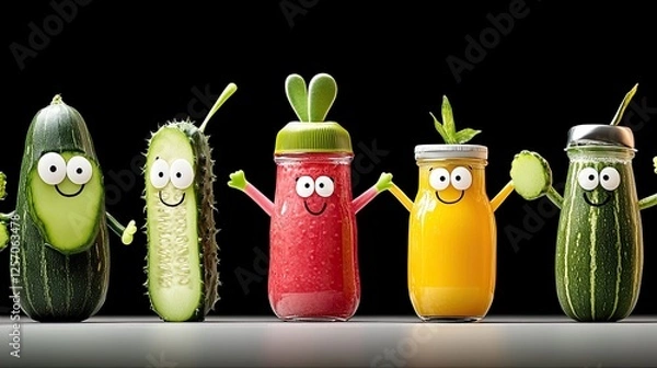 Fototapeta Playful characters made from fruits and vegetables stand together, showcasing vibrant colors and smiles