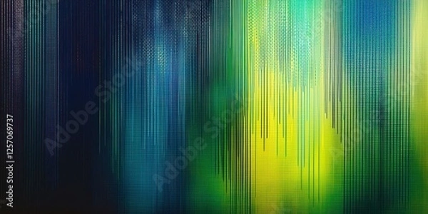 Fototapeta Emerald and neon lime emerge vividly from a dark blue and petrol gradient, enhanced with glowing vertical metallic lines.