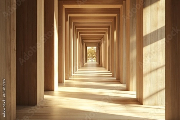 Fototapeta Wooden interior, a symmetrical corridor with rectangular columns, a light wood floor, sunlight shining through the ceiling, a minimalist architectural style