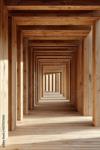 Fototapeta Wooden interior, a symmetrical corridor with rectangular columns, a light wood floor, sunlight shining through the ceiling, a minimalist architectural style