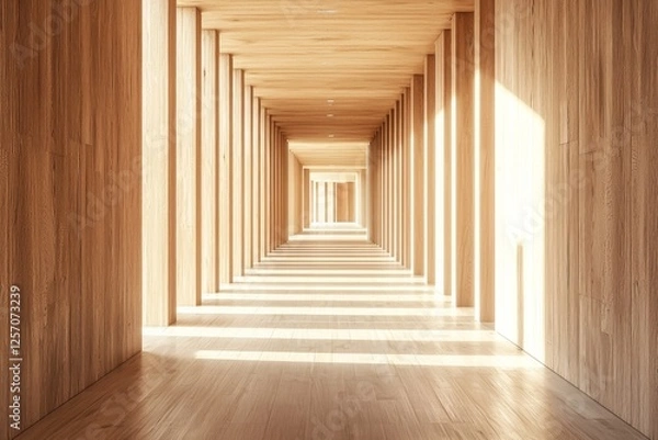 Fototapeta Wooden interior, a symmetrical corridor with rectangular columns, a light wood floor, sunlight shining through the ceiling, a minimalist architectural style