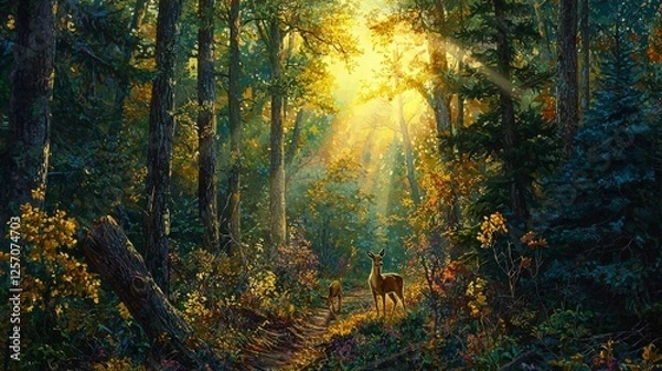 Fototapeta Serene Forest Landscape with Deer Under Sunlight in Vibrant Autumn Foliage and Lush Greenery