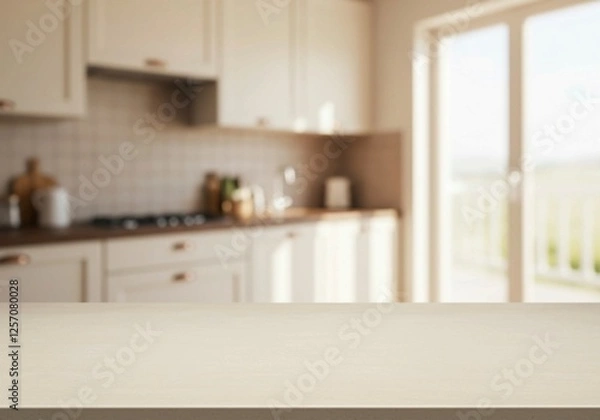 Fototapeta Against a backdrop of blurred kitchen elements, a wooden tabletop with a natural texture offers a versatile space for mockups or displays
