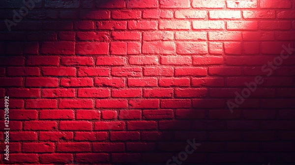 Fototapeta Red brick wall illuminated by soft light creating a dramatic shadow effect on the surface texture.