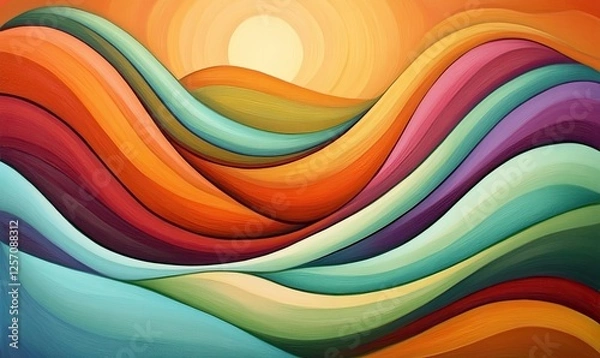 Obraz Vibrant abstract landscape painting featuring flowing, colorful waves under a warm sunset. Ideal for home decor, websites, and artistic projects.