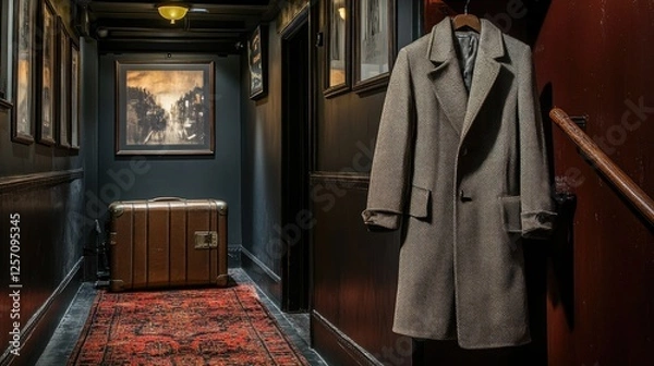 Fototapeta A long overcoat hanging beside a vintage suitcase in a dimly lit hallway.