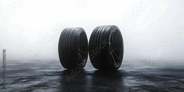 Obraz Pair of Black Motorsport Tires on a Foggy Asphalt Surface with a Minimalist Background and Soft Lighting