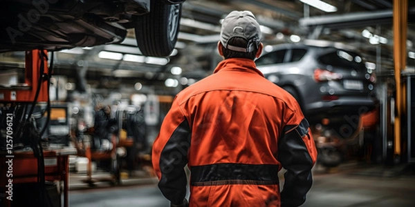 Obraz Automotive Mechanic in Orange Uniform Overlooking Vehicles in a Busy Garage Environment with Tools and Equipment Present