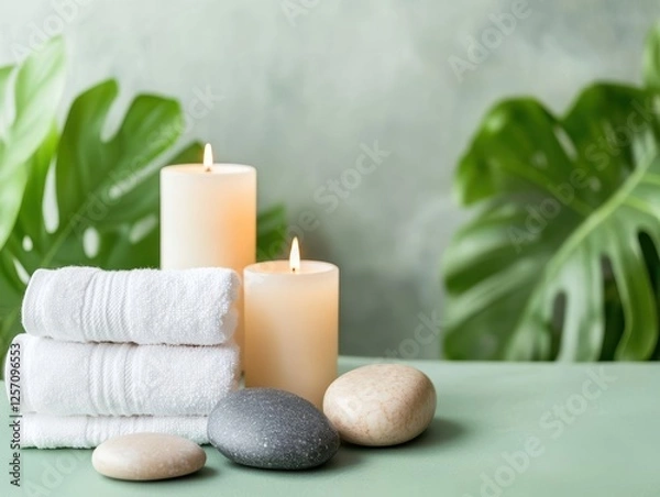 Obraz Candle towels and stones arranged neatly on a green table for a relaxing ambiance