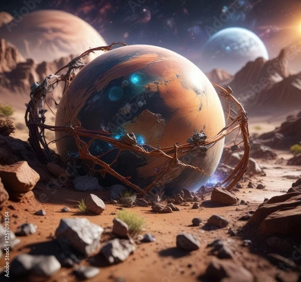 Fototapeta Interconnected web of life on a planetary surface, cosmos, interconnectedness, ecology