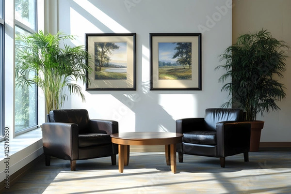 Fototapeta Modern office waiting area with comfortable leather chairs, a coffee table, and framed landscape paintings. Large windows let in sunlight, creating a warm, welcoming atmosphere for clients.