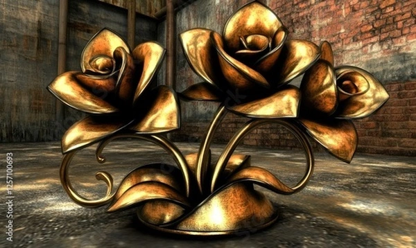 Fototapeta Elegant golden rose sculpture, intricate design,  industrial backdrop, 3D render, artistic still life.