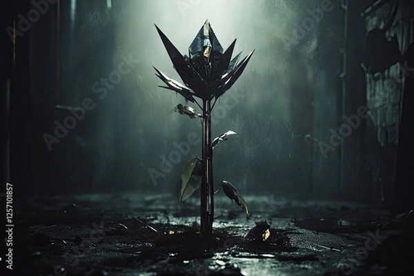Obraz Dark, metallic flower in a post-apocalyptic setting.  A futuristic, dystopian plant blooms amidst ruins.
