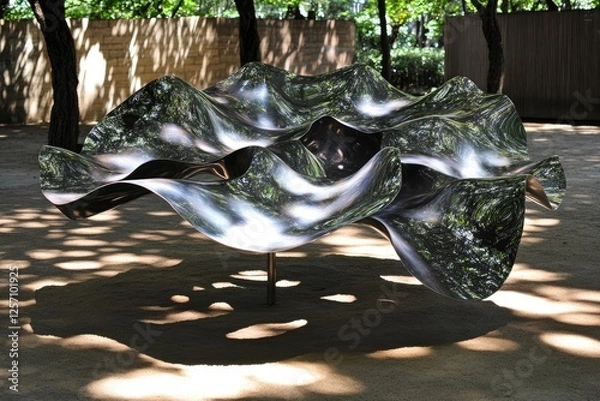 Obraz Modern abstract metal sculpture in a park reflecting sunlight and trees.  A unique piece of outdoor art.