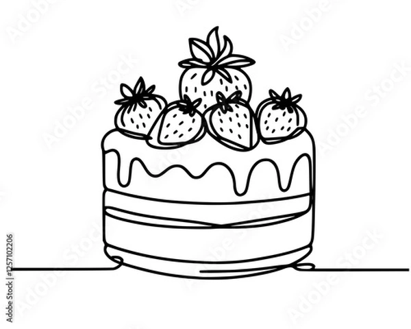 Fototapeta Continuous one line drawing of cake with strawberries. Hand drawn piece of cake minimalist design, café, bakery, confectionery concept. Vector