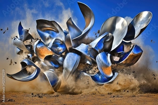 Obraz Abstract metallic sculpture exploding in a cloud of dust against a vibrant blue sky.  A dynamic image capturing motion and energy.