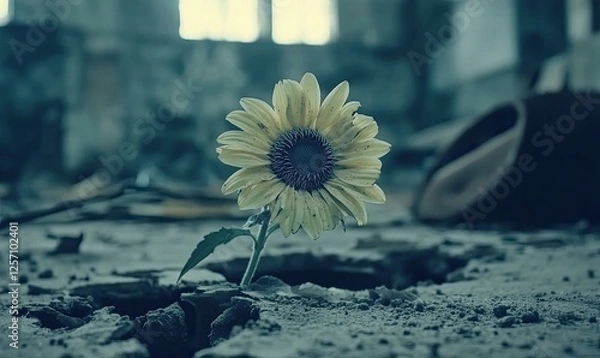 Obraz A single sunflower bravely blossoms from a cracked, desolate concrete surface amidst the ruins of a forgotten building, symbolizing resilience and hope.
