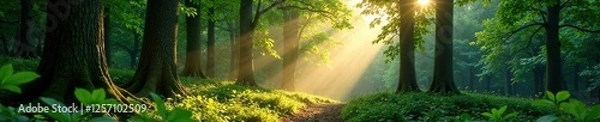 Fototapeta Dense foliage with shafts of sunlight filtering through trees, tree trunks, forests, nature