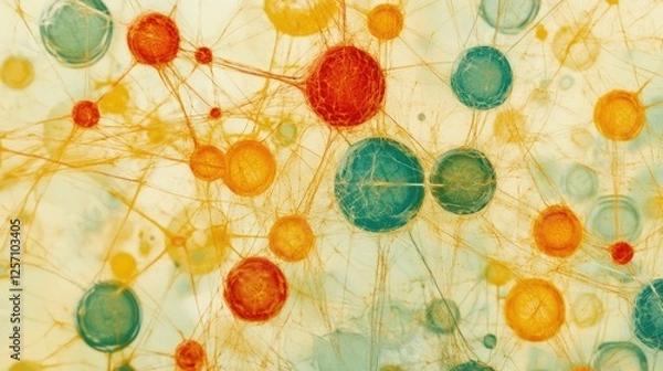 Obraz Abstract neural network, interconnected nodes, vibrant color palette, complex system, digital art, science background, technology concept, network visualization, connectivity illustration.