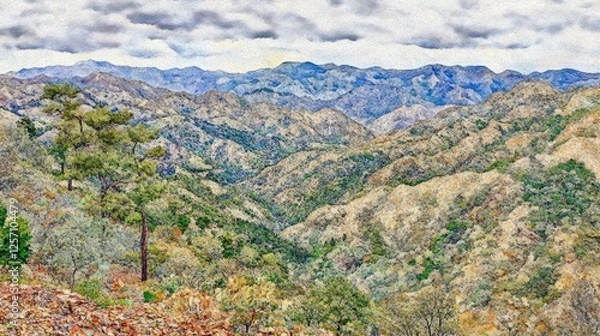 Obraz Stunning panoramic view of a mountainous landscape, showcasing a variety of textures and colors in the rolling hills and autumnal foliage.