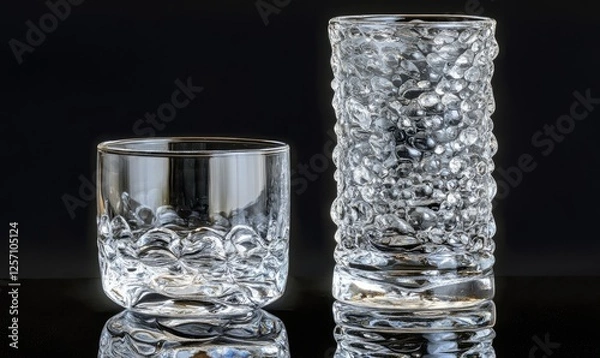 Obraz Two elegant, textured glass tumblers on a reflective black surface. Perfect for barware, drinks, or home decor.