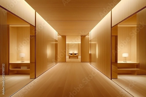 Obraz Serene minimalist corridor with warm lighting, wooden walls, and sleek design. Ideal for spa, hotel, or wellness concept.