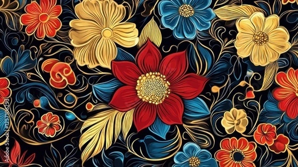 Fototapeta A vibrant floral design featuring intricate patterns and bold colors on a dark background.