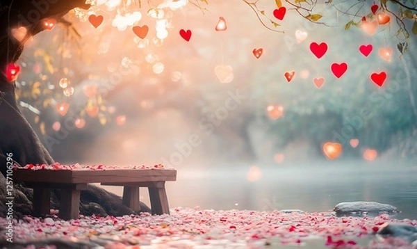 Obraz Romantic wooden bench under a tree with heart decorations and rose petals by a calm lake. Soft bokeh lights and dreamy atmosphere. Valentine's Day and love celebration concept. 