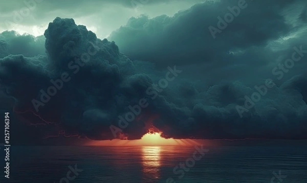 Obraz Dramatic sunset over the ocean, dark stormy clouds, moody atmosphere, vibrant orange and red hues.