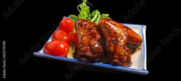 Obraz Red chicken wings on a porcelain plate with tomatoes Green onions placed on the side, Thai food, on a black background