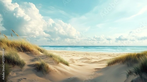 Fototapeta Pristine summer sanctuary tropical beach azure waves lush green mountain scenery