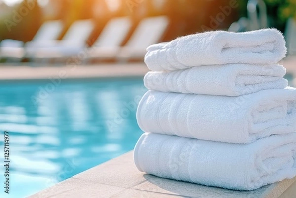 Fototapeta Stack of fresh white towels by a poolside at sunset
