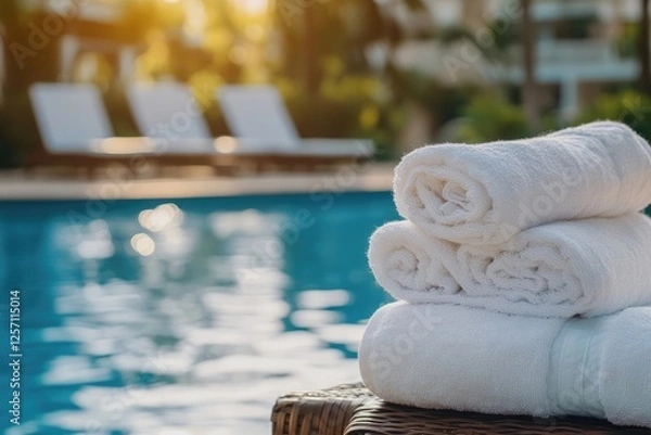 Fototapeta Stack of fresh white towels by a poolside at sunset