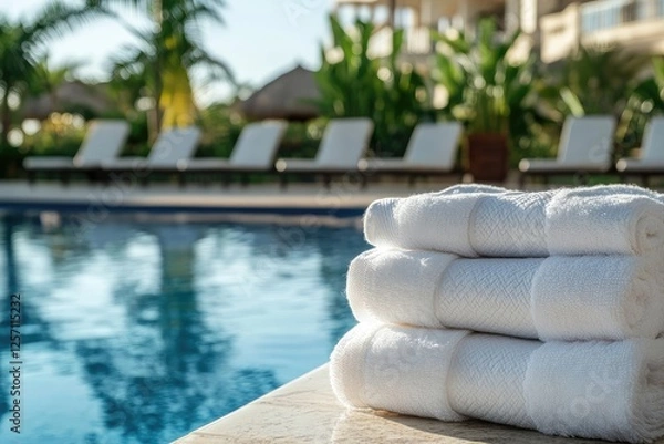 Fototapeta Stack of fresh white towels by a poolside at sunset