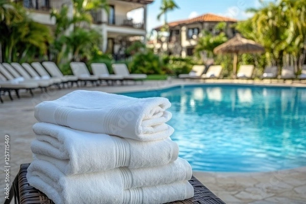 Fototapeta Stack of fresh white towels by a poolside at sunset