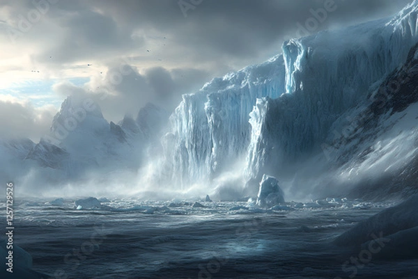 Fototapeta A breathtaking yet hauntingly scene of shattered glaciers collapsing into the sea