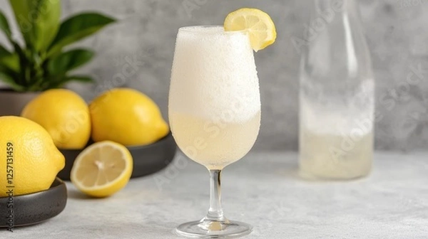 Fototapeta Sparkling lemon drink, gray background, lemons
