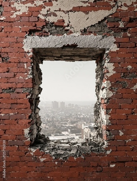 Obraz Old red brick wall with a broken window frame, weathered, broken, worn, distressed, metalwork