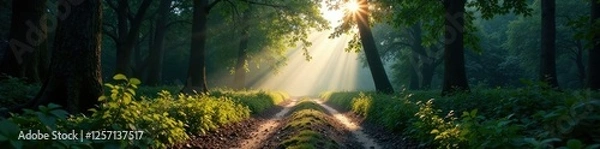 Obraz Overcast sky casts long shadows on the forest path, leaves, shadow, misty